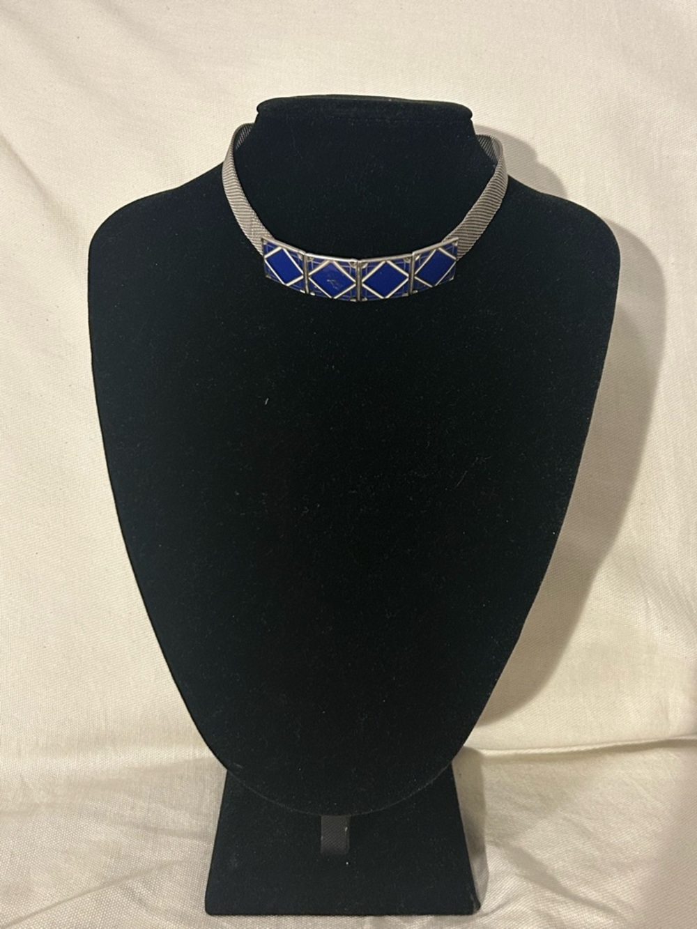 Vintage Signed Sandor Co Mesh Necklace Enameled Blue Art Deco 13.5” Has Damage